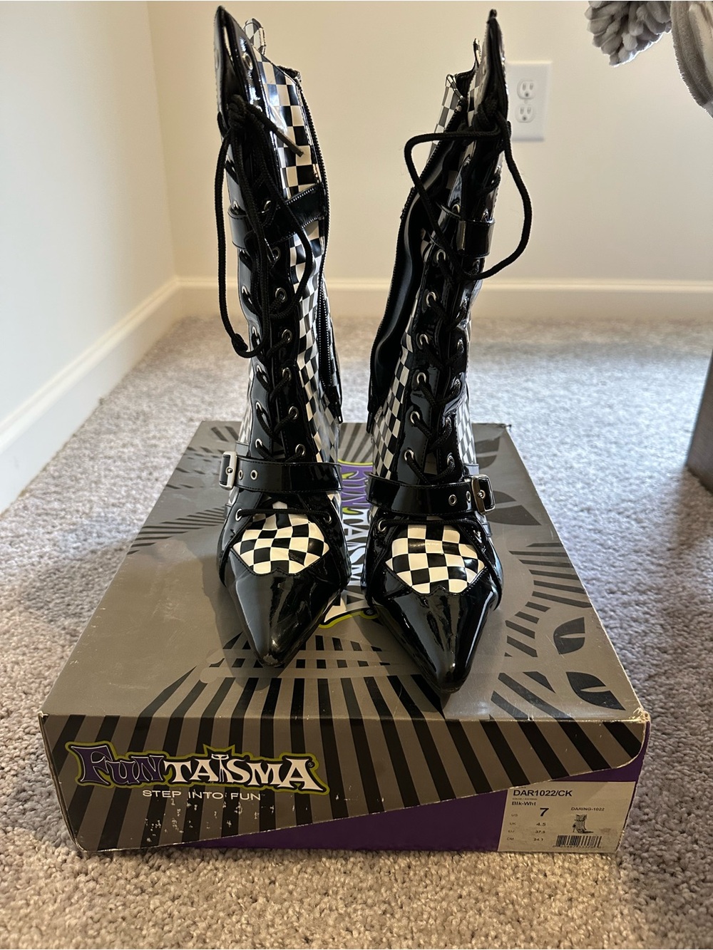 Funtasma Black and White Checkerboard Patent Lace-Up Heeled Boots